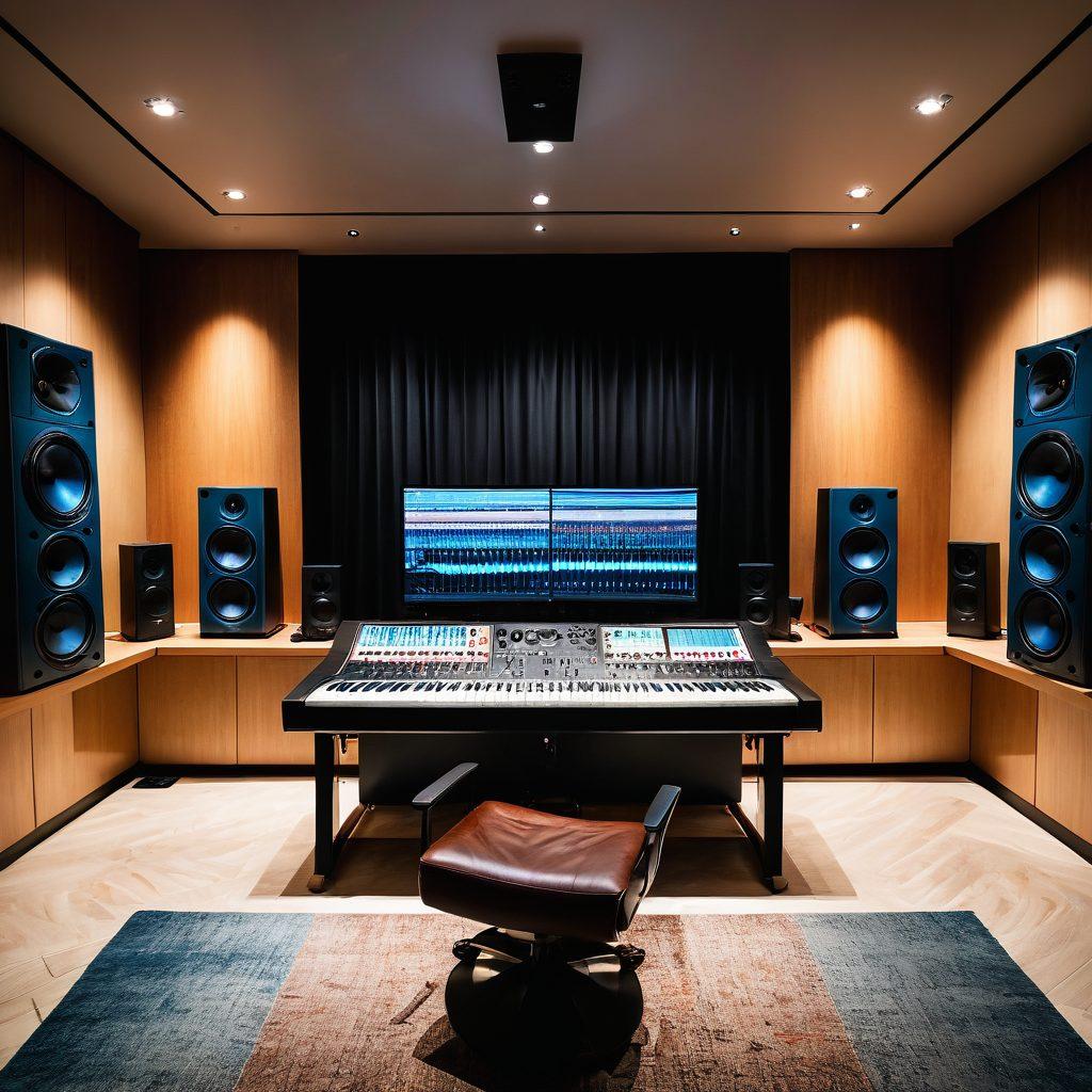 A sleek, modern audio studio brimming with sophisticated Kjaerhus Audio equipment, featuring intricate audio waveforms in the background. A close-up of a high-end audio interface with illuminated knobs and sliders, surrounded by soundproofing panels and plush seating. The atmosphere is vibrant, invoking creativity and inspiration for audio enthusiasts. super-realistic. vibrant colors. white background.