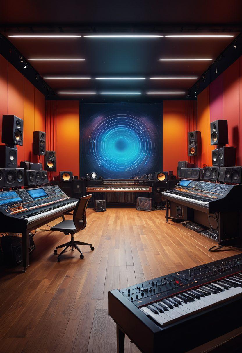 A dynamic illustration of a sound engineer using Kjaerhus Audio equipment in a modern studio, with vibrant sound waves radiating from speakers, transitioning into a vibrant stage filled with musicians performing energetically. Include musical instruments and colorful stage lights to depict the transition from studio to live performance. The background features a seamless blend of a music studio on one side and a concert stage on the other. super-realistic. vibrant colors. 3D.