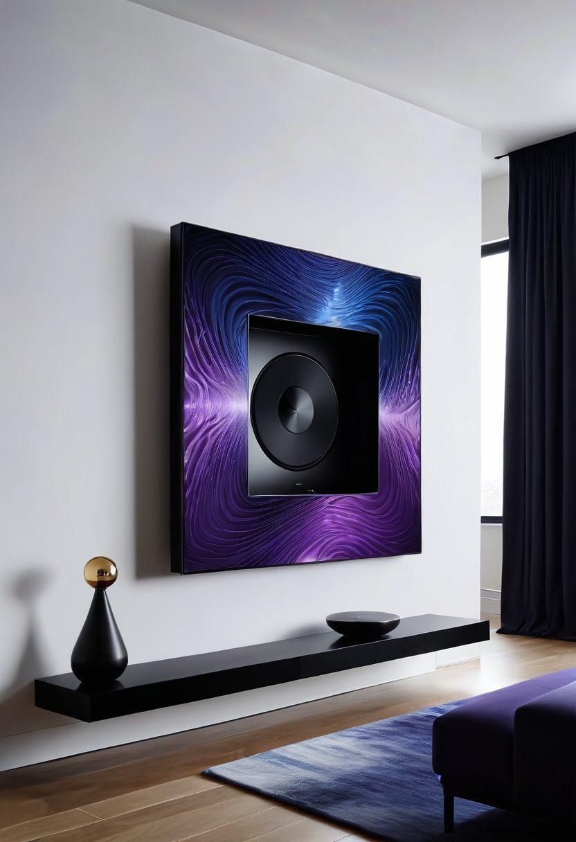 An ethereal representation of sound waves emanating from a sleek Kjaerhus Audio device, visually encapsulating the essence of high-fidelity audio. In a modern, minimalist setting, showcase audiophiles engaged in deep listening, surrounded by vibrant soundwaves that flow through the room, illustrating the revolution of auditory experiences. Incorporate elements of technology and luxury, enhancing the ambiance with a rich color palette. super-realistic. vibrant colors. modern design.